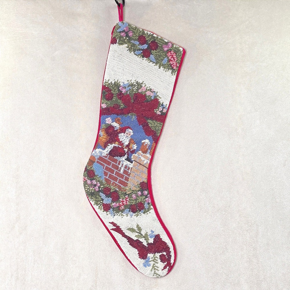 Vintage Needlepoint Christmas Stocking Santa Chimney Red Velvet Backing 20 Inch